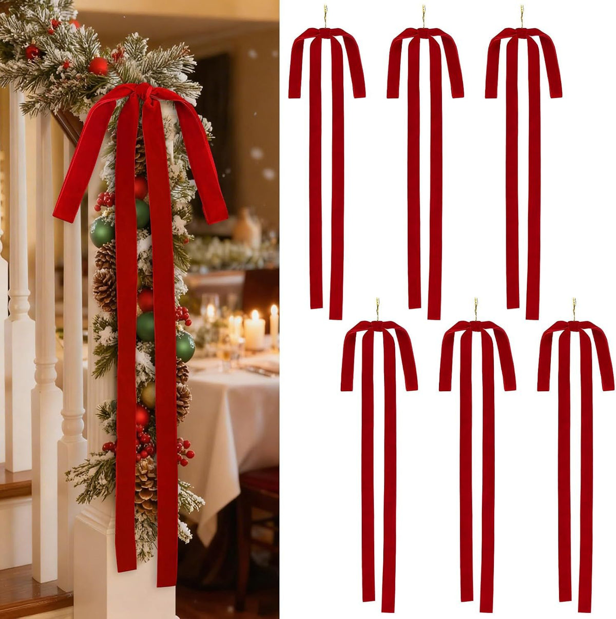 6 x Red Velvet Bows for Christmas
