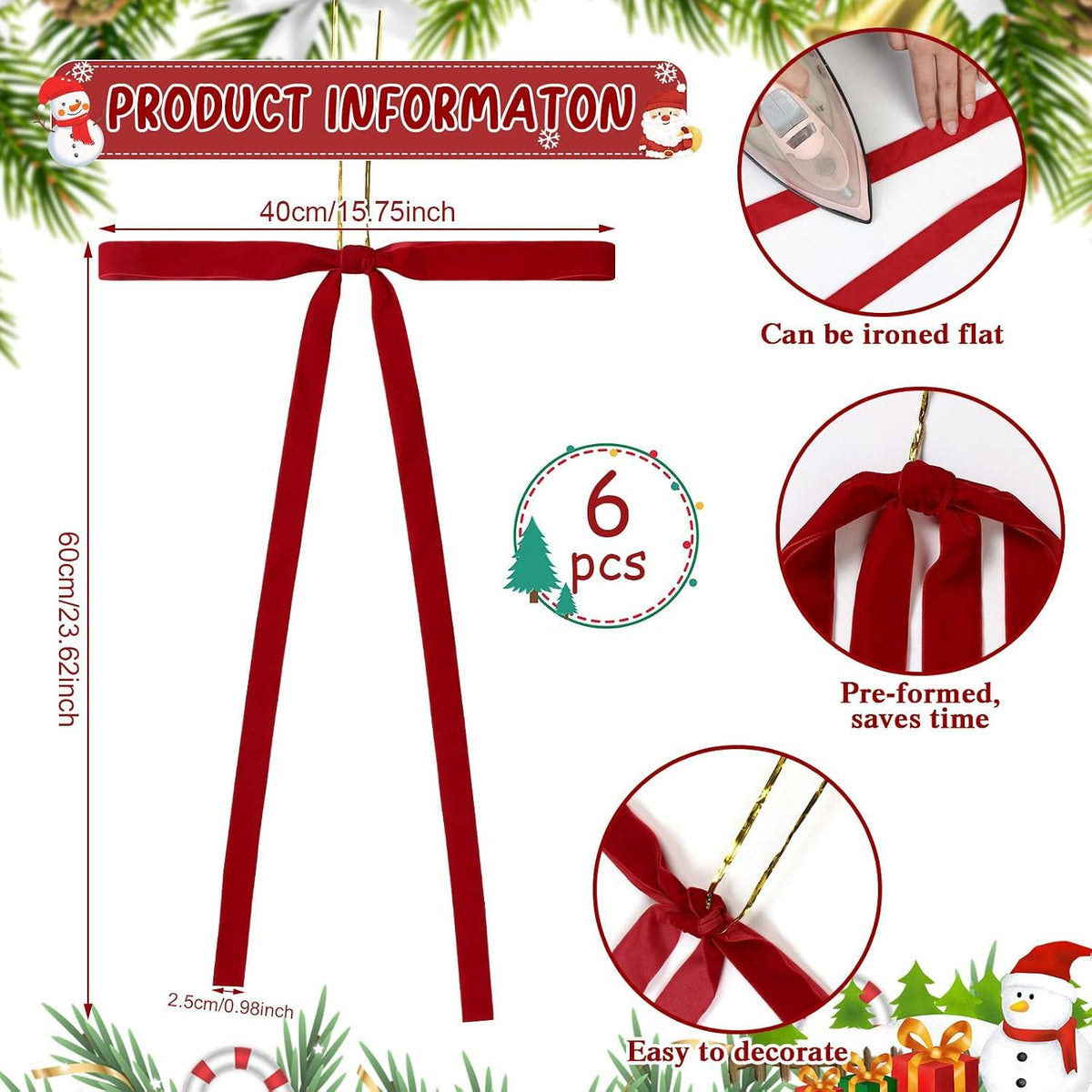 6 x Red Velvet Bows for Christmas